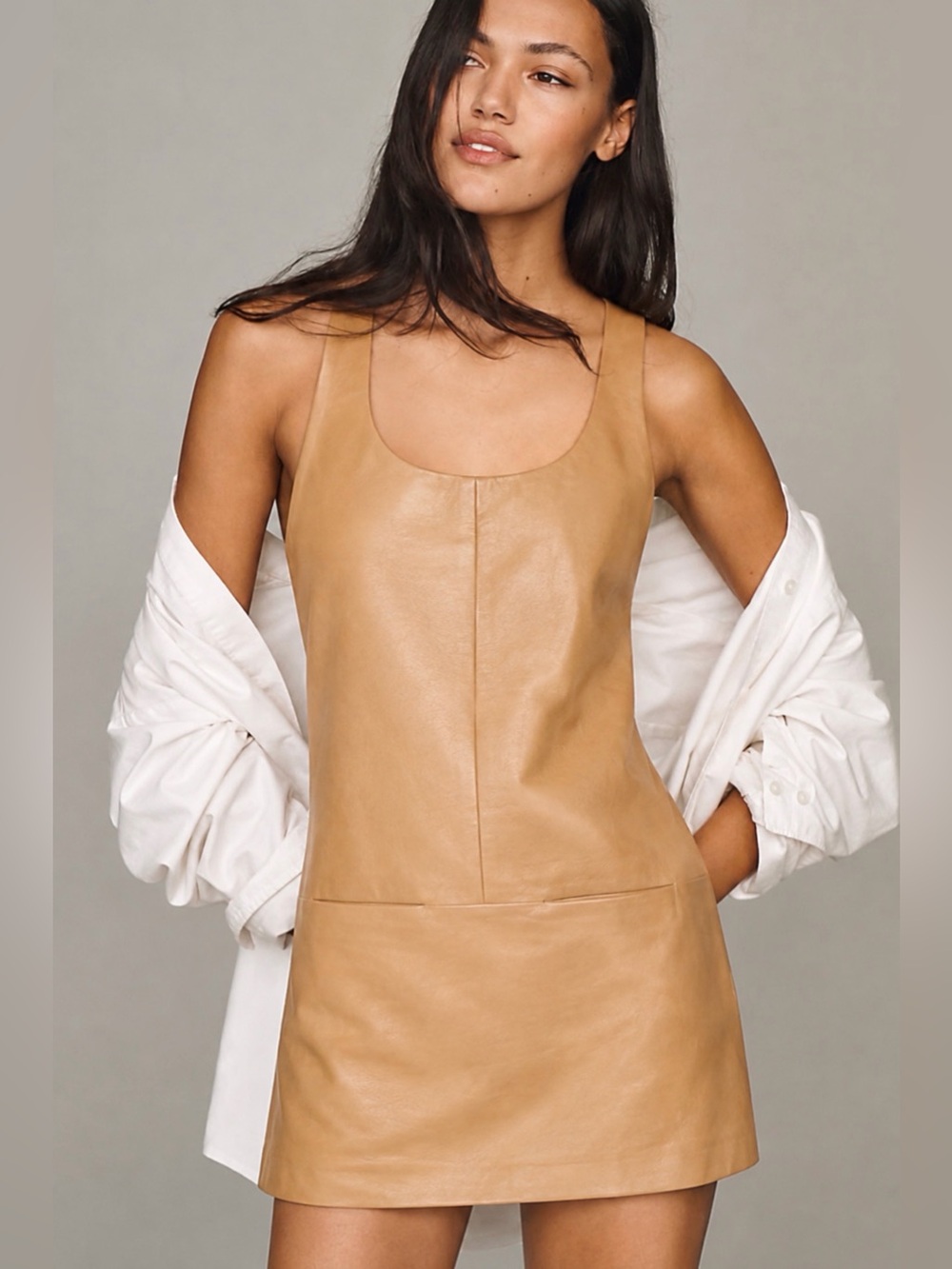 Vince Beige Tank Lamb Leather Sleeveless Shift Dress Size 6